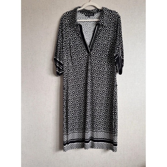 Mlle Gabrielle Tops - Black White Geometric Shirt Dress Womens Plus Size 1X Casual Stretch Dress